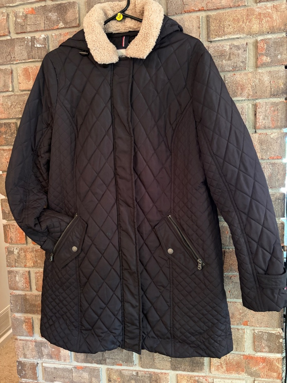 Tommy Hilfiger Black Quilted Puffer Coat with Cream Faux Shearling Collar
